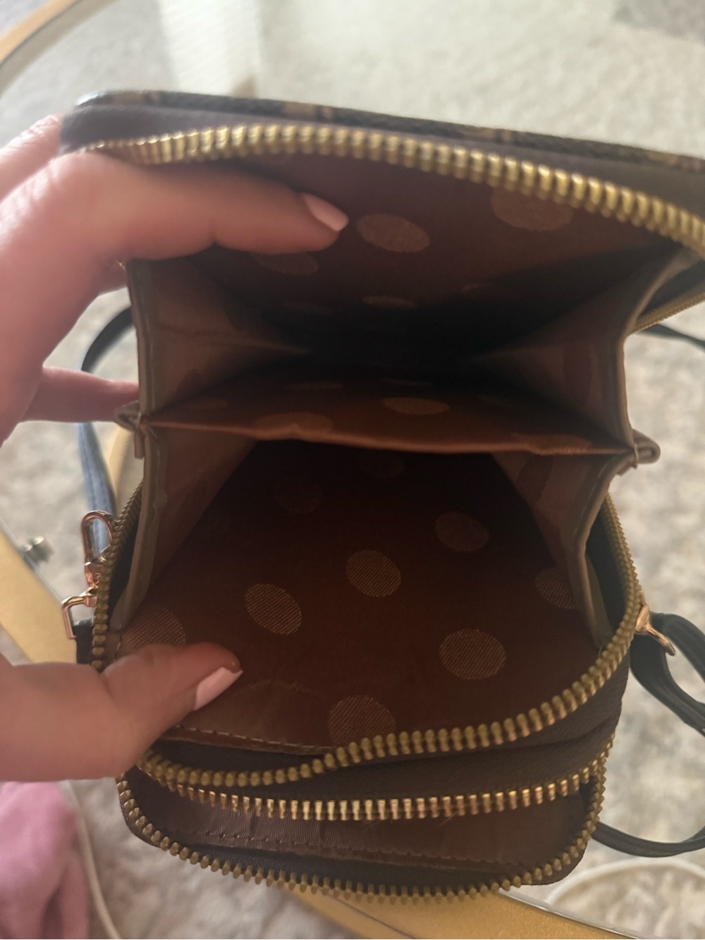 Designer Inspired Bee Crossbody Phone Bag Brown Monogram Triple Zip Wallet Purse - Picture 6 of 7